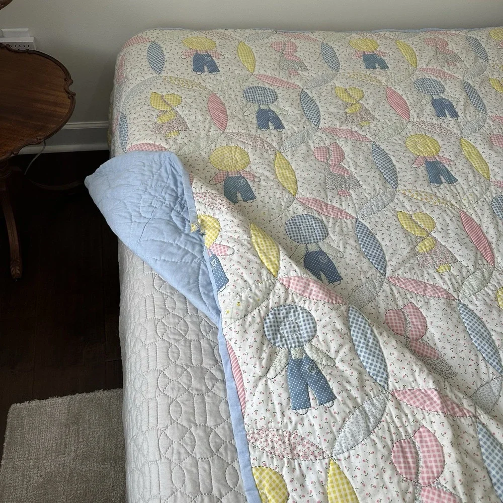 Vintage Sunbonnet Sue Sam Quilt Handmade Hand stitched Cotton Blue Pink Yellow